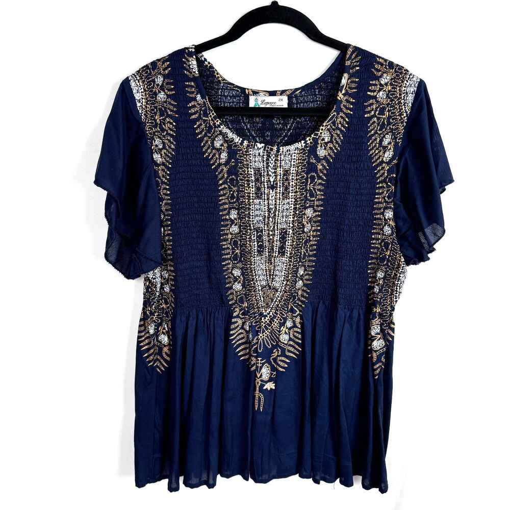 Lapogee Women's Top Size 2X Navy Blue/Gold Print Smocked Short Sleeves